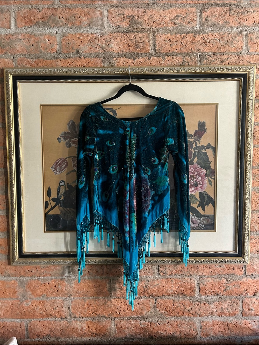 Vtg Beaded Peacock Burnout Velvet Fringe Top